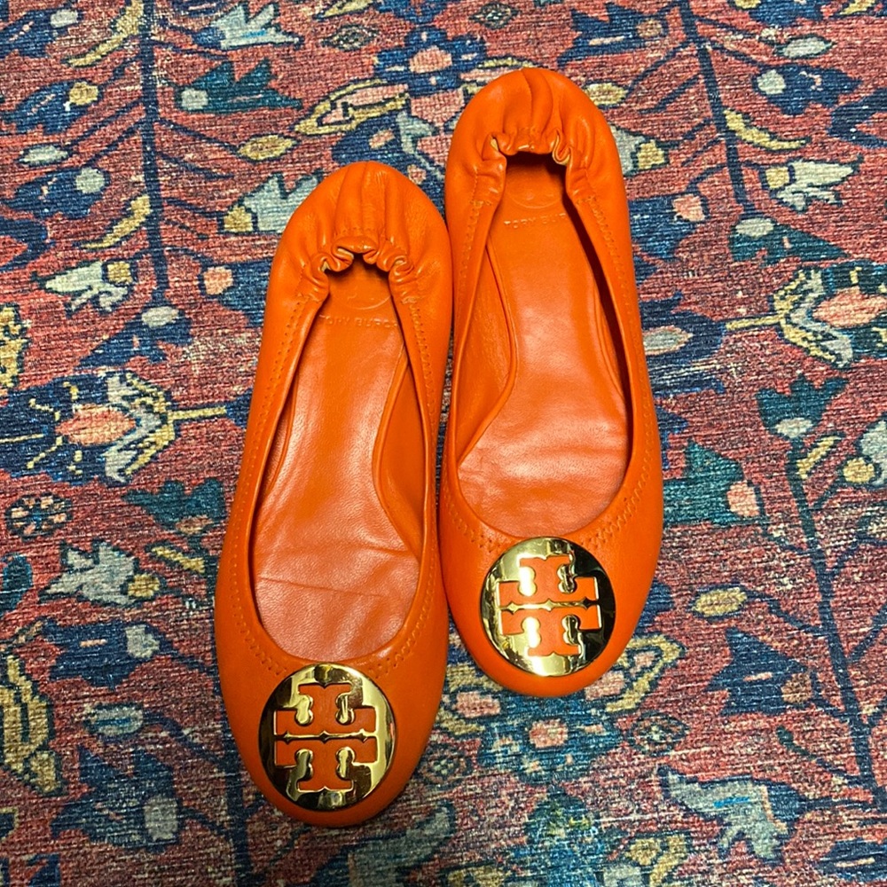 Tory Burch Orange Leather Reva Ballet Flats with Gold Logo